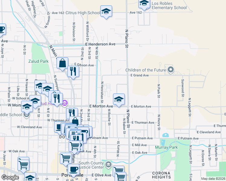 map of restaurants, bars, coffee shops, grocery stores, and more near 507 North Murry Street in Porterville