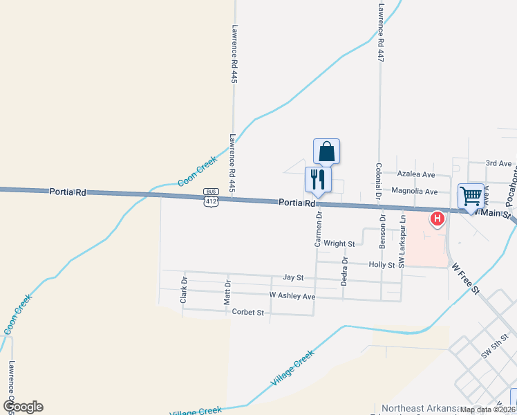 map of restaurants, bars, coffee shops, grocery stores, and more near 714 Portia Road in Walnut Ridge
