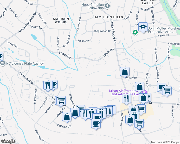 map of restaurants, bars, coffee shops, grocery stores, and more near 5000 Kenview Street in Greensboro
