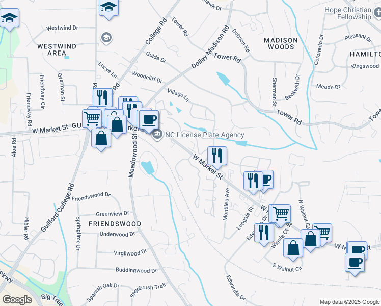 map of restaurants, bars, coffee shops, grocery stores, and more near 5600 West Market Street in Greensboro