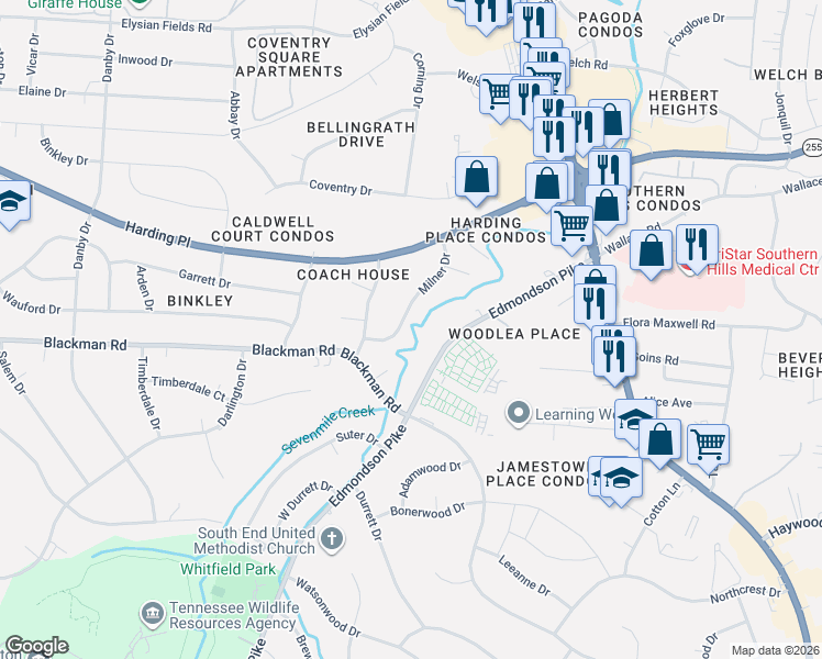 map of restaurants, bars, coffee shops, grocery stores, and more near 4816 Milner Drive in Nashville