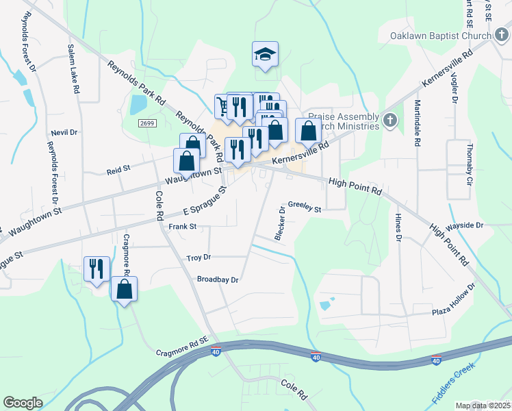 map of restaurants, bars, coffee shops, grocery stores, and more near 3011 Broadbay Drive in Winston-Salem