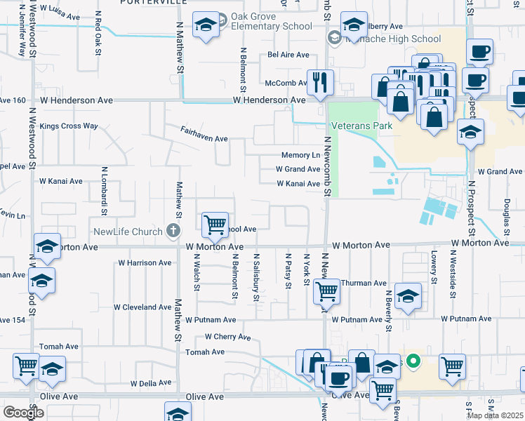 map of restaurants, bars, coffee shops, grocery stores, and more near 1770 West Aurora Court in Porterville