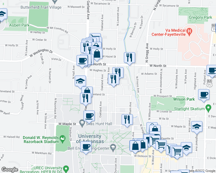map of restaurants, bars, coffee shops, grocery stores, and more near North Storer Avenue in Fayetteville