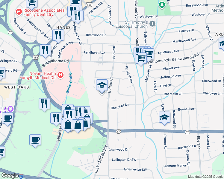 map of restaurants, bars, coffee shops, grocery stores, and more near 1224 Wedgewood Drive in Winston-Salem
