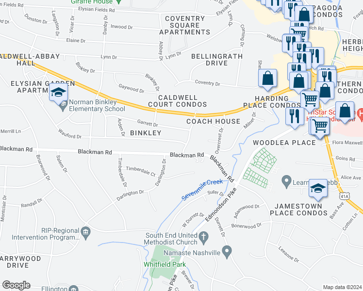 map of restaurants, bars, coffee shops, grocery stores, and more near 201 Wauford Drive in Nashville