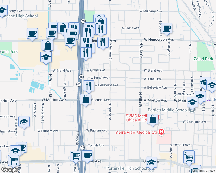 map of restaurants, bars, coffee shops, grocery stores, and more near 495 North Indiana Street in Porterville