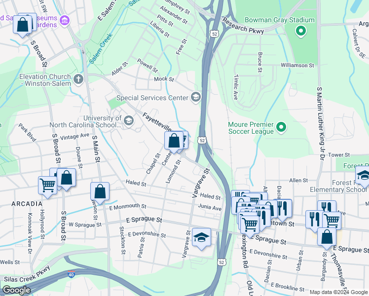 map of restaurants, bars, coffee shops, grocery stores, and more near 1512 Lomond Street in Winston-Salem