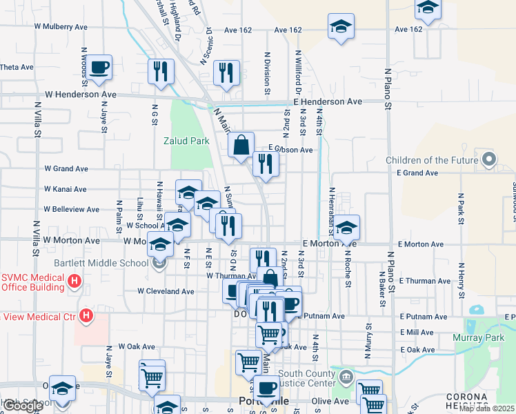 map of restaurants, bars, coffee shops, grocery stores, and more near 505 North Division Street in Porterville