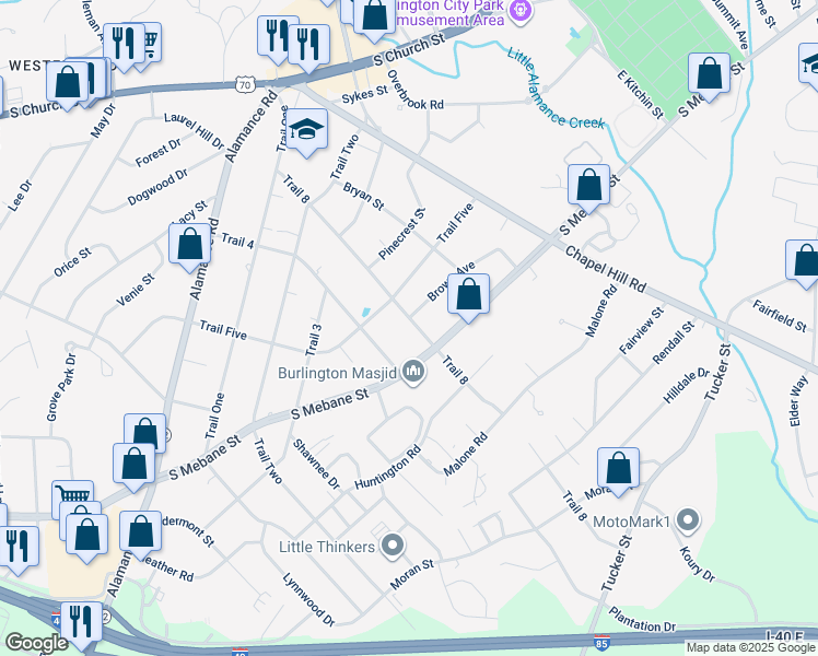 map of restaurants, bars, coffee shops, grocery stores, and more near 407 Trail 8 in Burlington