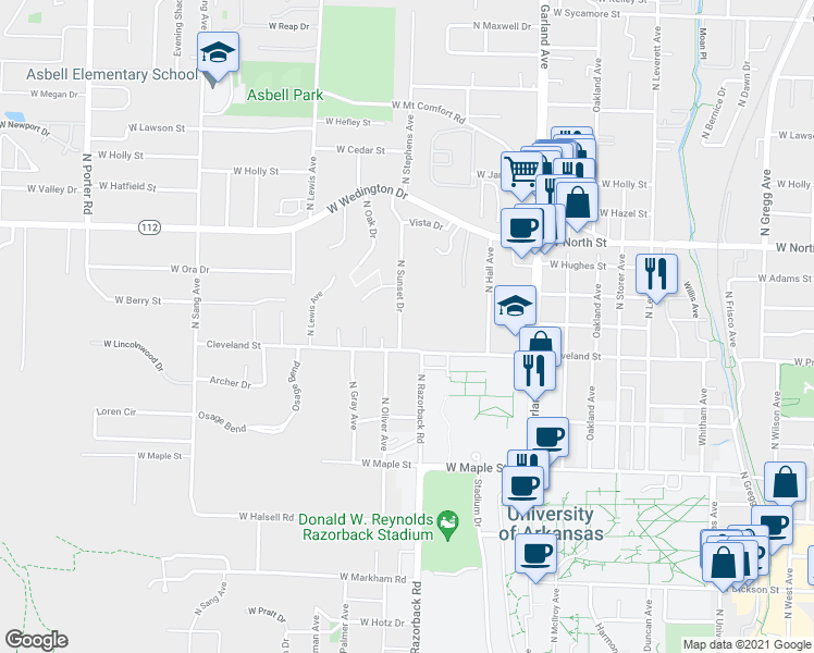 map of restaurants, bars, coffee shops, grocery stores, and more near 740 North Sunset Drive in Fayetteville