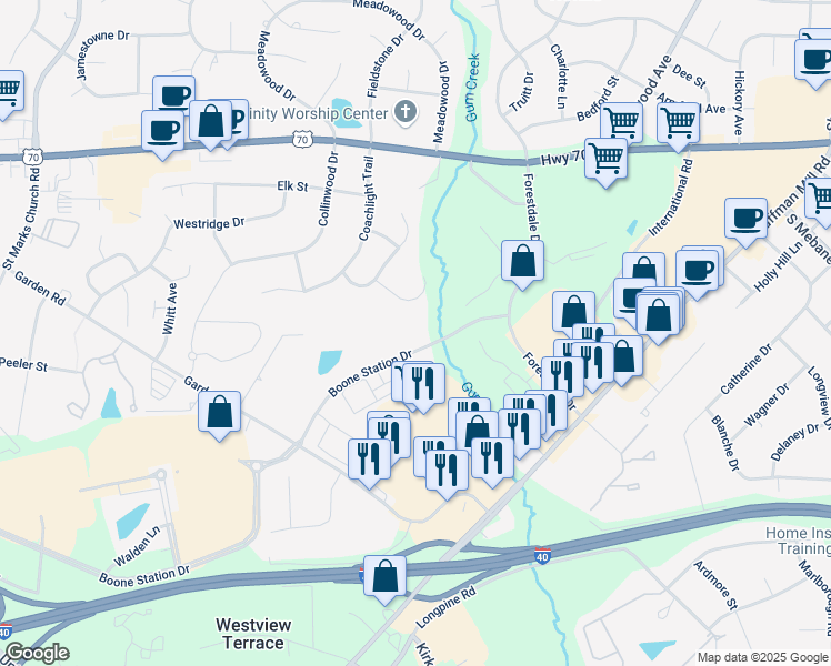 map of restaurants, bars, coffee shops, grocery stores, and more near 665 Boone Station Drive in Burlington