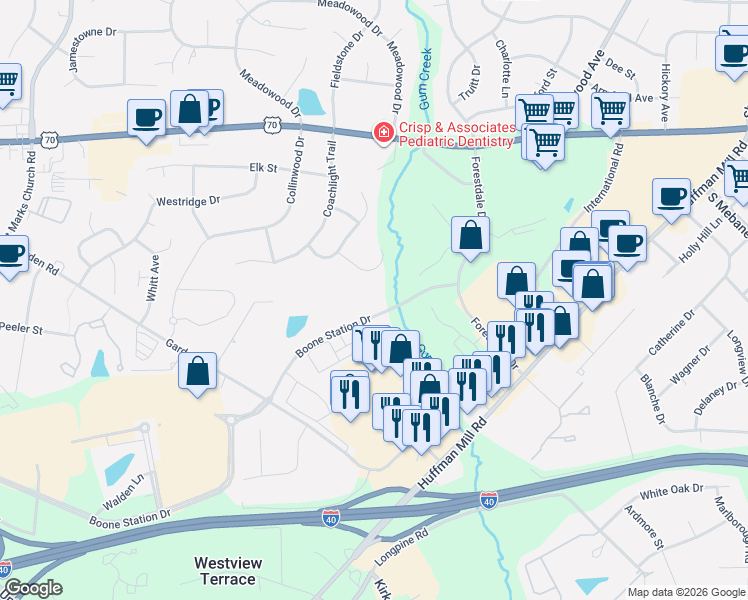 map of restaurants, bars, coffee shops, grocery stores, and more near 665 Boone Station Drive in Burlington