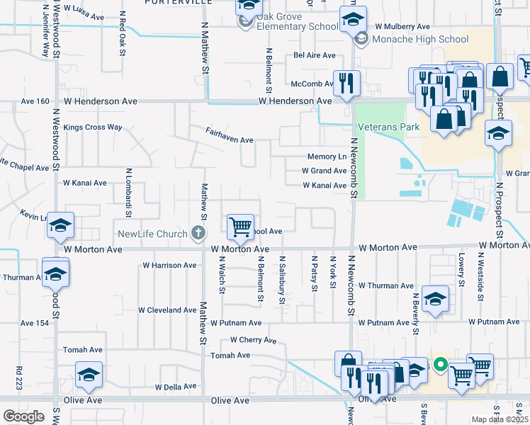 map of restaurants, bars, coffee shops, grocery stores, and more near 500 North Belmont Street in Porterville