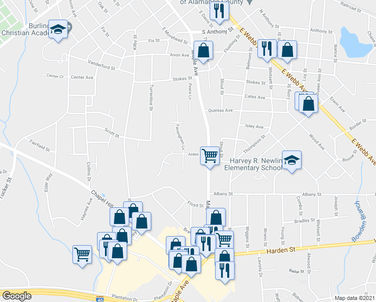 map of restaurants, bars, coffee shops, grocery stores, and more near 529 Arden Street in Burlington