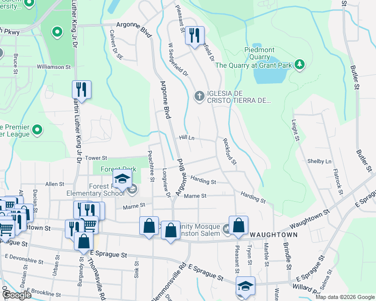 map of restaurants, bars, coffee shops, grocery stores, and more near 1630 Hill Court in Winston-Salem