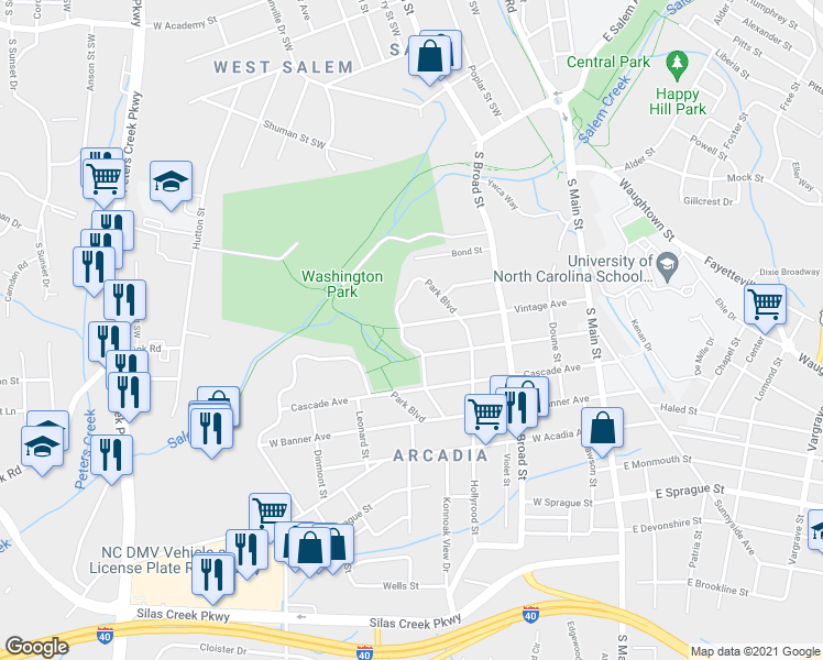map of restaurants, bars, coffee shops, grocery stores, and more near 134 Park Boulevard in Winston-Salem