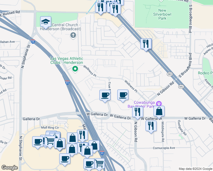map of restaurants, bars, coffee shops, grocery stores, and more near 1647 West Warm Springs Road in Henderson