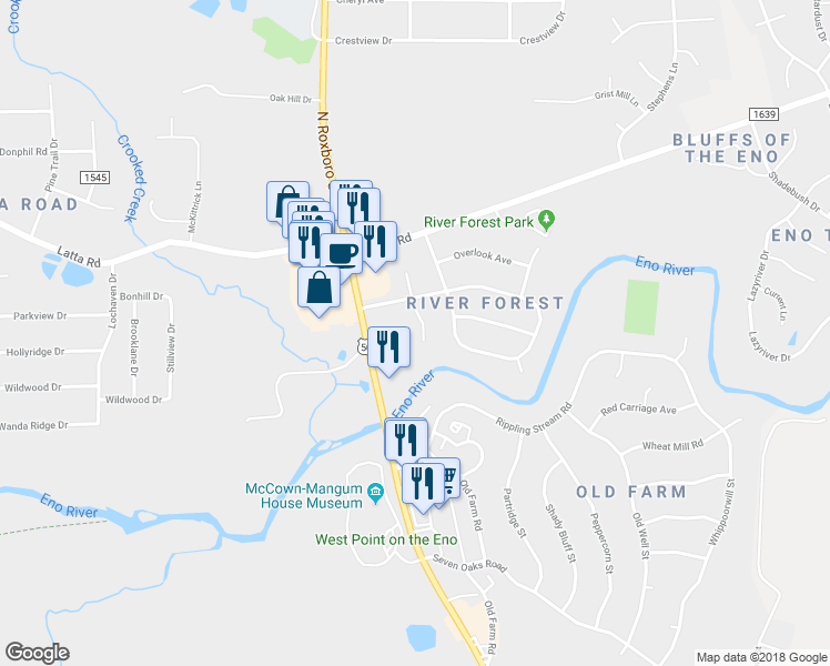 map of restaurants, bars, coffee shops, grocery stores, and more near 4807 Singing Woods Place in Durham