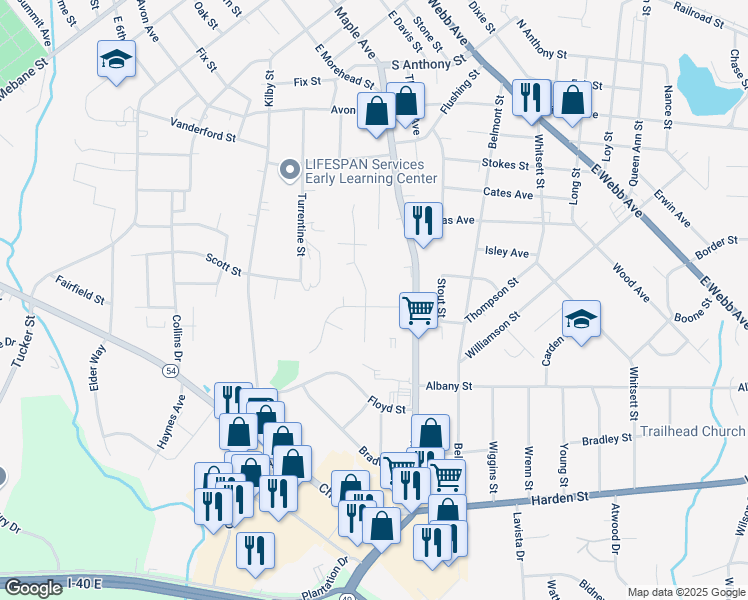 map of restaurants, bars, coffee shops, grocery stores, and more near 529 Arden Street in Burlington