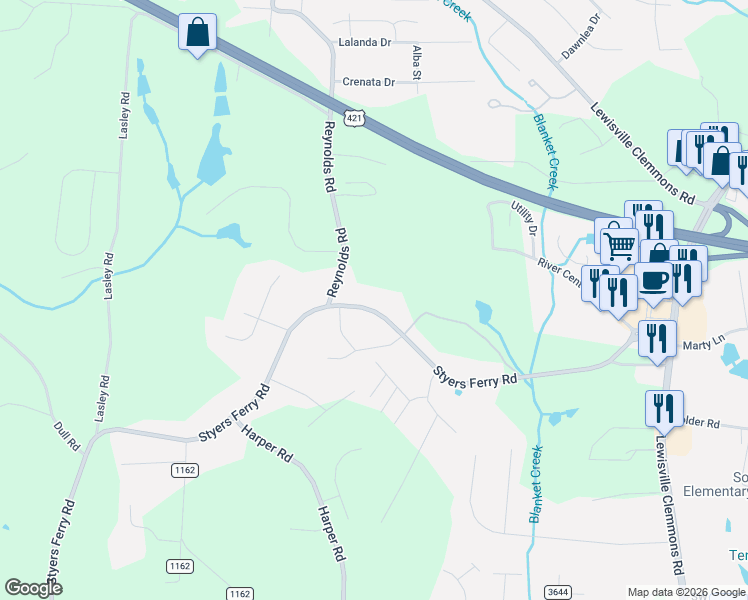 map of restaurants, bars, coffee shops, grocery stores, and more near 5919 Styers Ferry Road in Clemmons