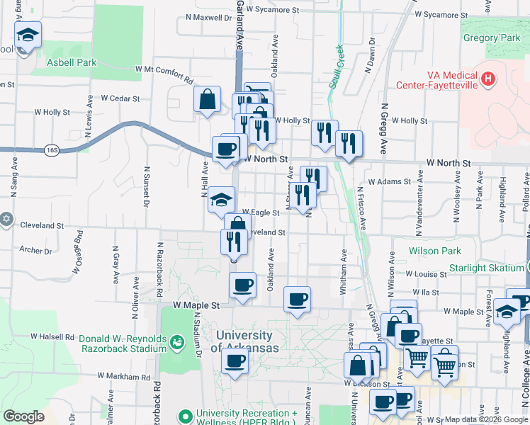 map of restaurants, bars, coffee shops, grocery stores, and more near 909 West Eagle Street in Fayetteville