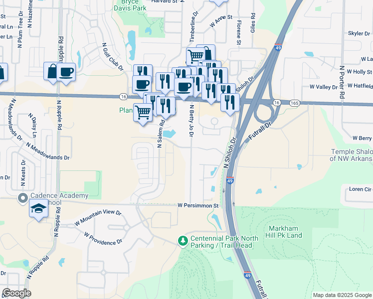 map of restaurants, bars, coffee shops, grocery stores, and more near 3252 West Jewell Road in Fayetteville