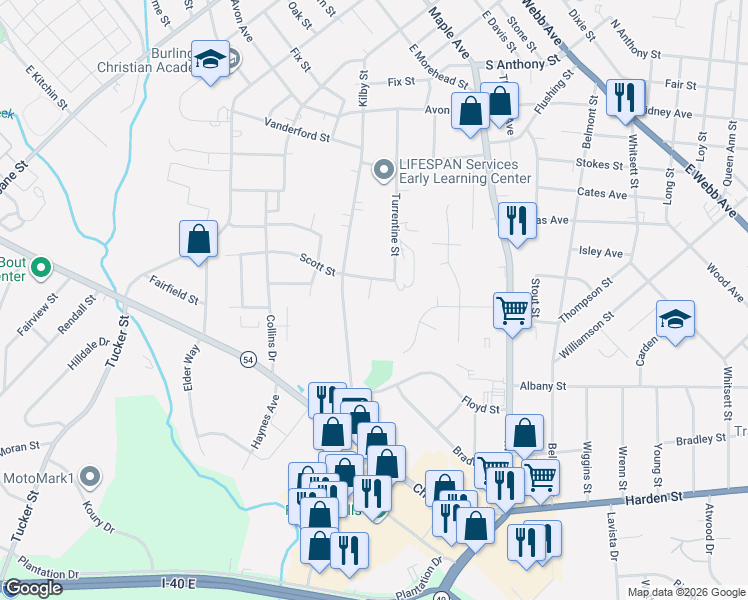 map of restaurants, bars, coffee shops, grocery stores, and more near 1348 Snow Court in Burlington