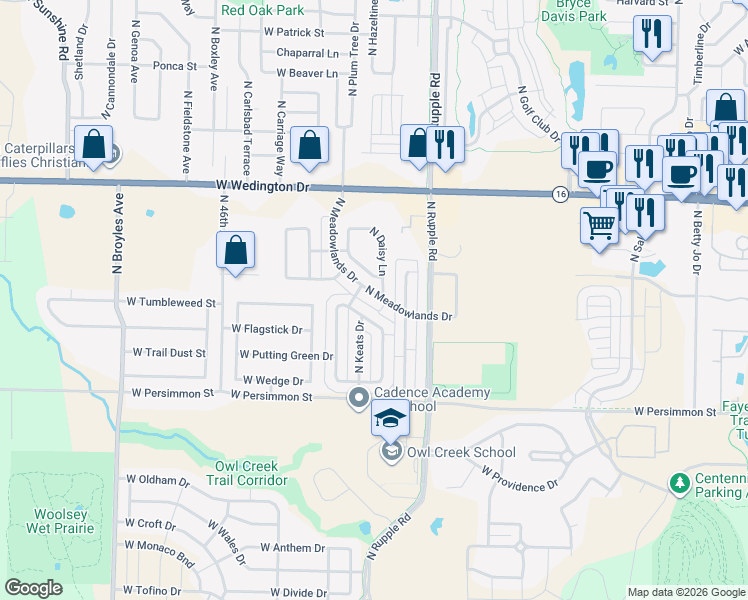 map of restaurants, bars, coffee shops, grocery stores, and more near 662 North Daisy Lane in Fayetteville