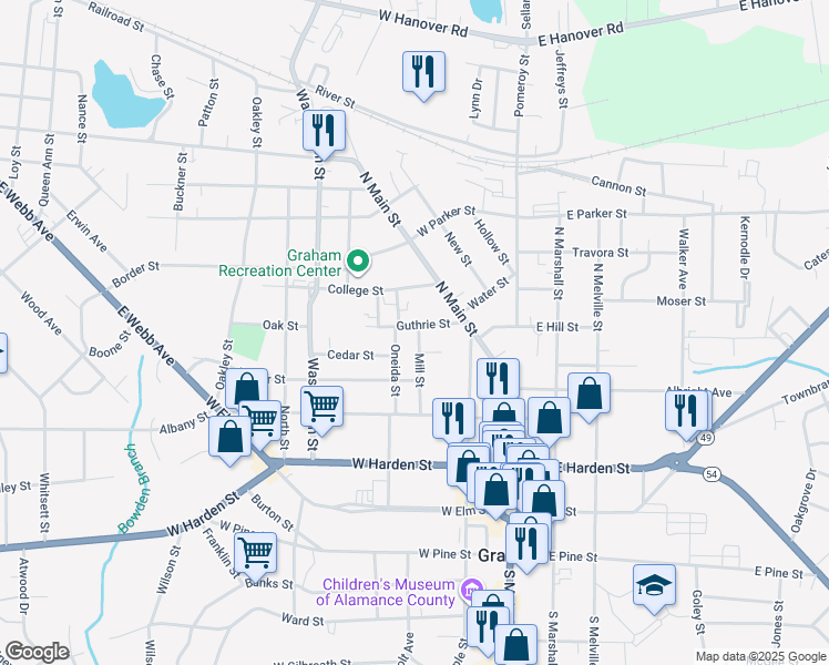 map of restaurants, bars, coffee shops, grocery stores, and more near 222 Guthrie Street in Graham