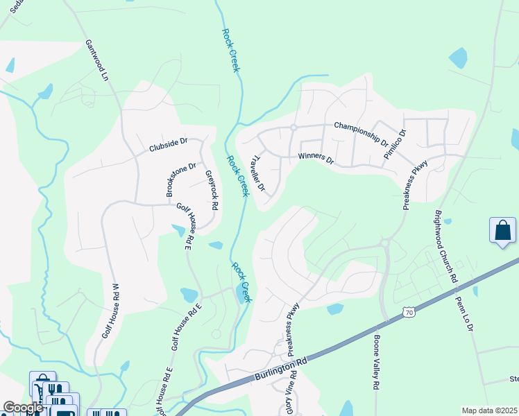 map of restaurants, bars, coffee shops, grocery stores, and more near 733 Nellie Gray Place in Whitsett