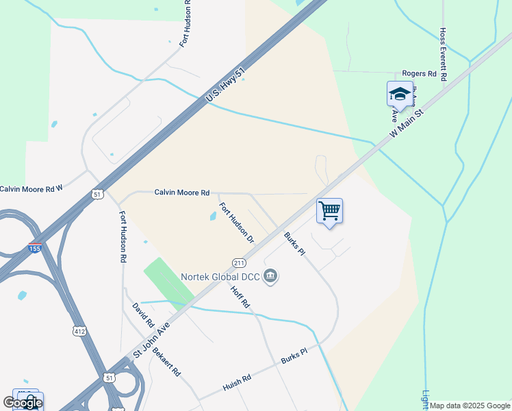 map of restaurants, bars, coffee shops, grocery stores, and more near 115 Burks Place in Dyersburg