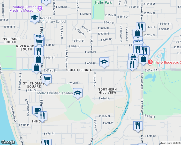 map of restaurants, bars, coffee shops, grocery stores, and more near 6105 South Troost Avenue in Tulsa