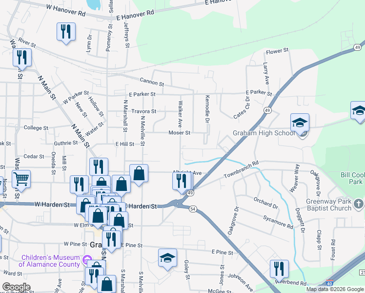 map of restaurants, bars, coffee shops, grocery stores, and more near 401 Walker Avenue in Graham