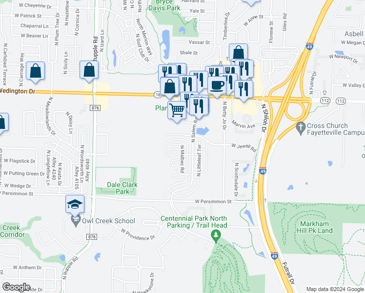 map of restaurants, bars, coffee shops, grocery stores, and more near 804 North Malbec Road in Fayetteville