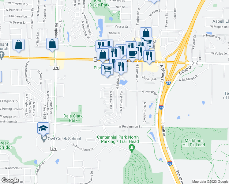 map of restaurants, bars, coffee shops, grocery stores, and more near 715 North Salem Road in Fayetteville