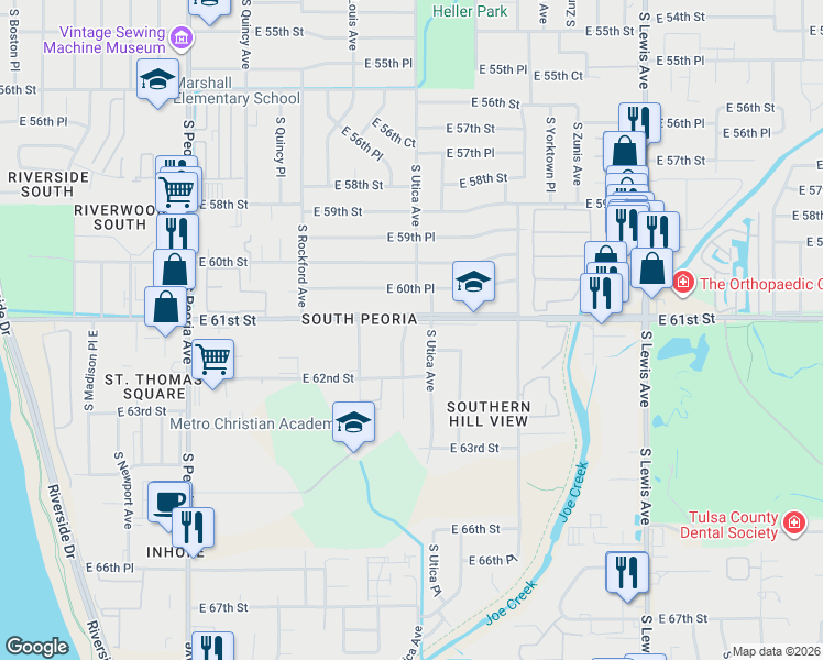 map of restaurants, bars, coffee shops, grocery stores, and more near 6105 South Troost Avenue in Tulsa