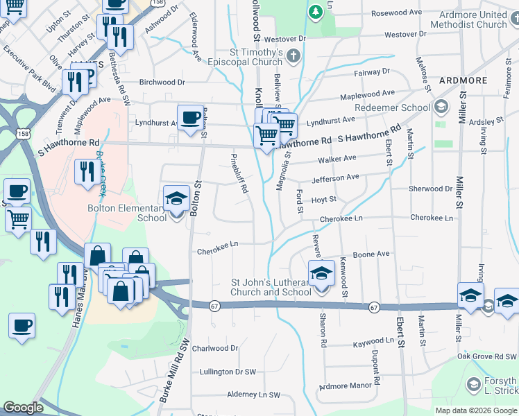 map of restaurants, bars, coffee shops, grocery stores, and more near 1237 Pinebluff Rd in Winston-Salem