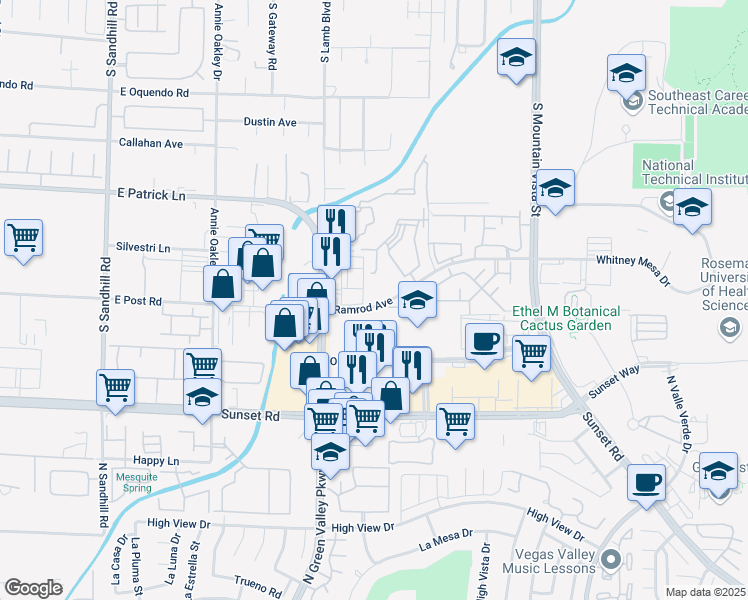 map of restaurants, bars, coffee shops, grocery stores, and more near 2120 Ramrod Avenue in Henderson