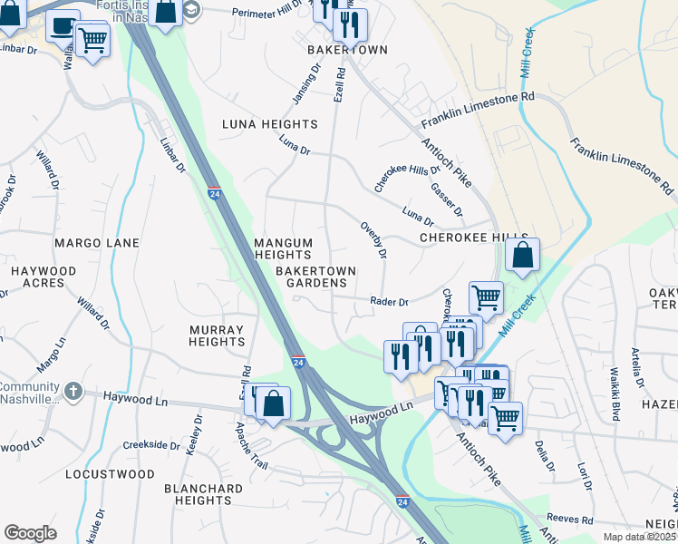 map of restaurants, bars, coffee shops, grocery stores, and more near 212 Bakertown Road in Nashville