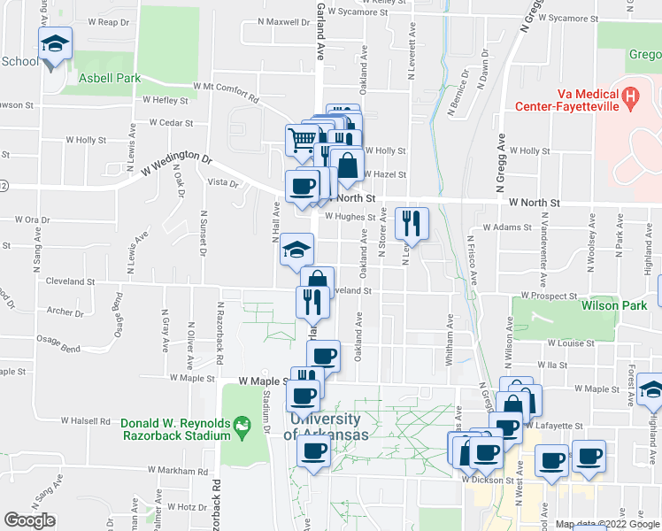 map of restaurants, bars, coffee shops, grocery stores, and more near 1037 West Eagle Street in Fayetteville