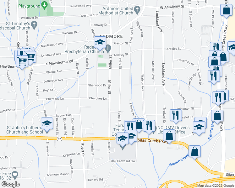 map of restaurants, bars, coffee shops, grocery stores, and more near 1230 Irving Street in Winston-Salem