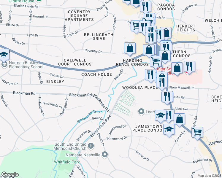 map of restaurants, bars, coffee shops, grocery stores, and more near 4816 Milner Drive in Nashville