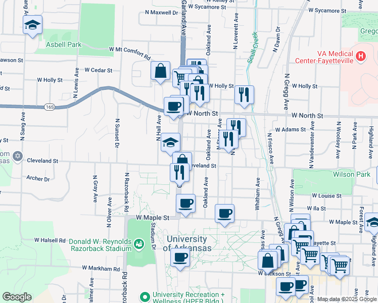 map of restaurants, bars, coffee shops, grocery stores, and more near 1047 West Eagle Street in Fayetteville