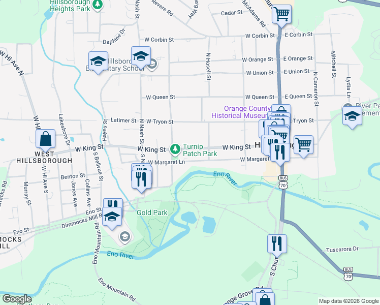 map of restaurants, bars, coffee shops, grocery stores, and more near 319 West King Street in Hillsborough