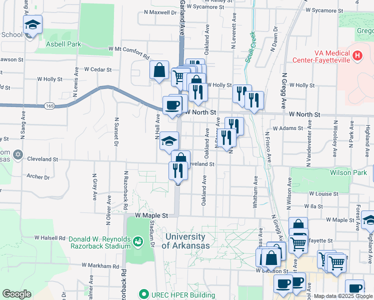 map of restaurants, bars, coffee shops, grocery stores, and more near 1053 West Eagle Street in Fayetteville