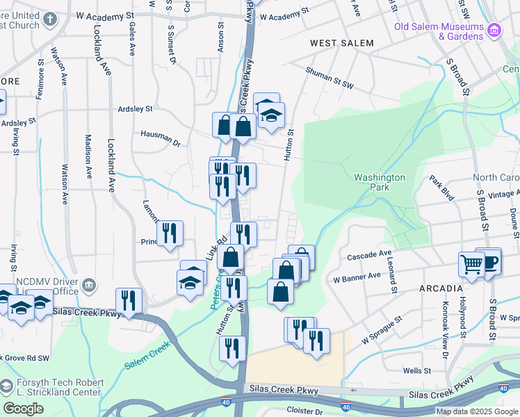 map of restaurants, bars, coffee shops, grocery stores, and more near 1257 Churton Street Southwest in Winston-Salem