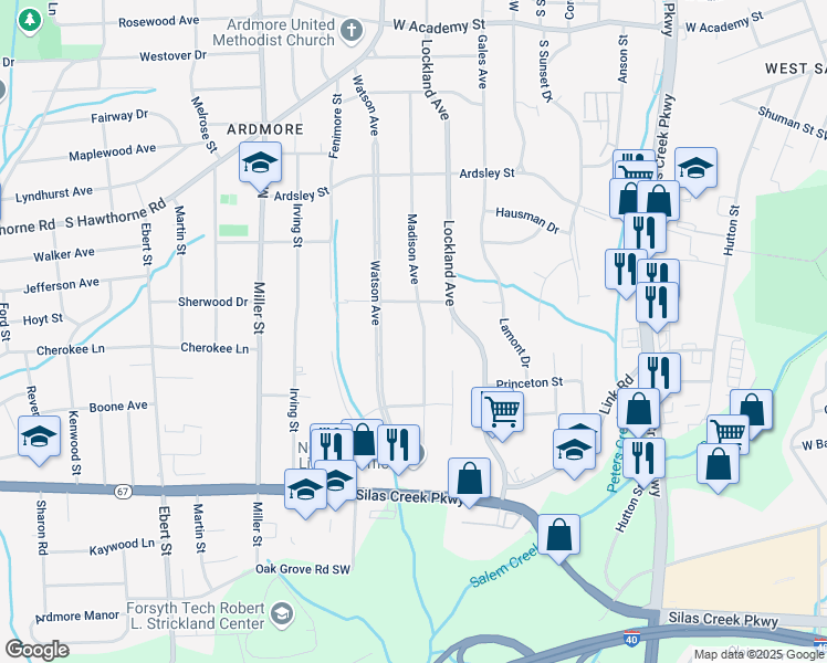 map of restaurants, bars, coffee shops, grocery stores, and more near 1118 Madison Avenue in Winston-Salem