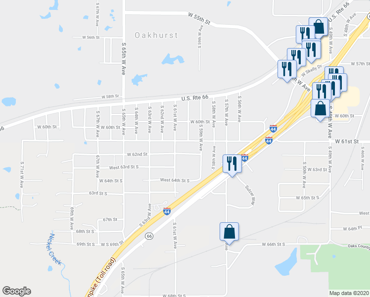 map of restaurants, bars, coffee shops, grocery stores, and more near 6005 West 62nd Street in Tulsa