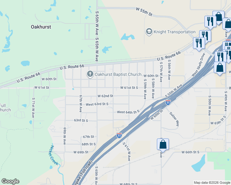 map of restaurants, bars, coffee shops, grocery stores, and more near 6215 West 62nd Street in Tulsa